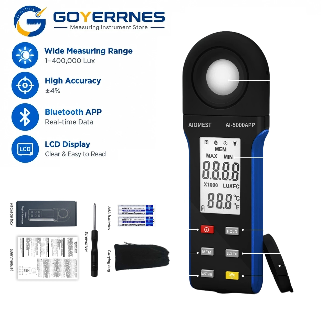 Photography Lighting Meter - Digital Lux Meter 1-400000Lux Bluetooth Illuminance
